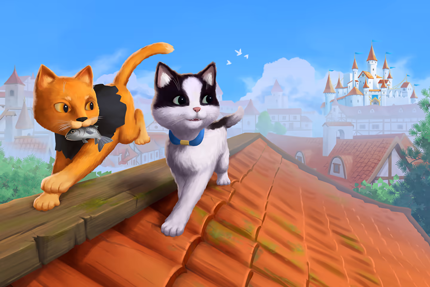 The royal black-and-white cat and orange stray running over medieval rooftops