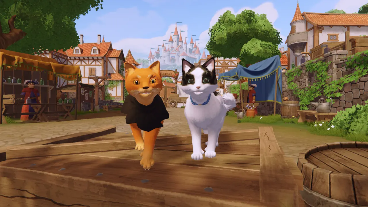 Both playable cats running through a busy medieval market