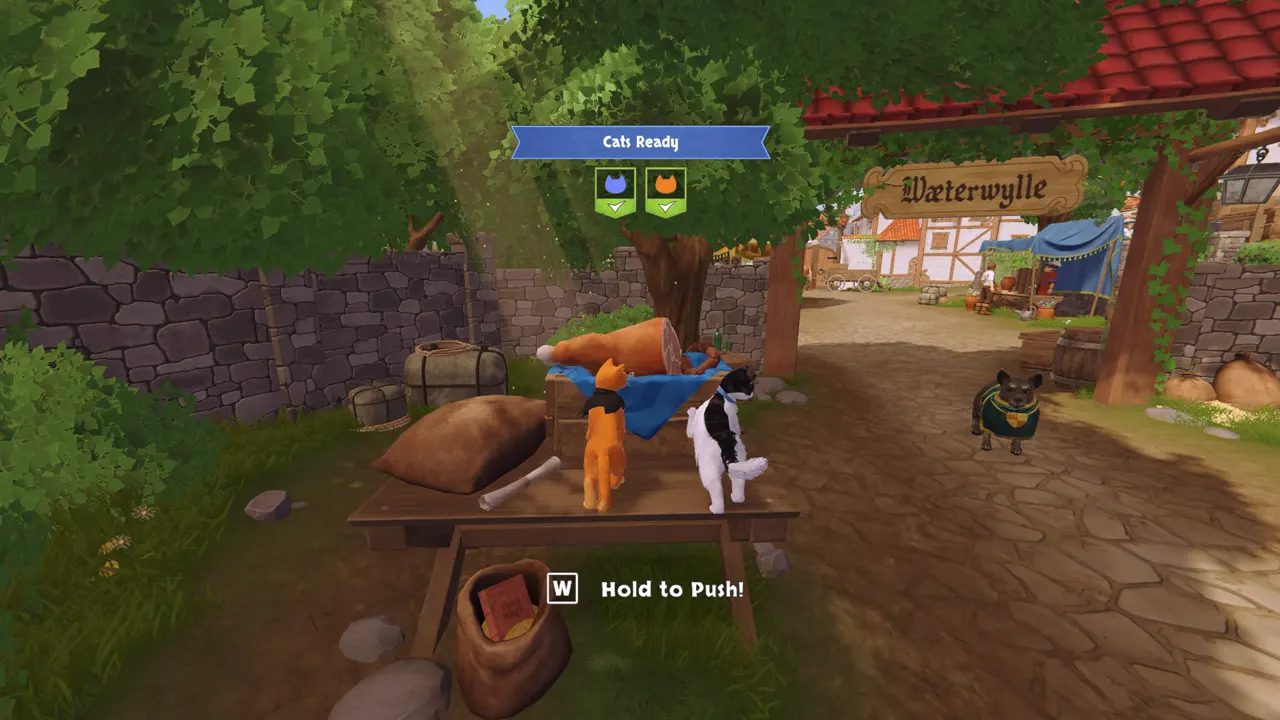 The two cats pushing an object together beside the Waterwylle village sign