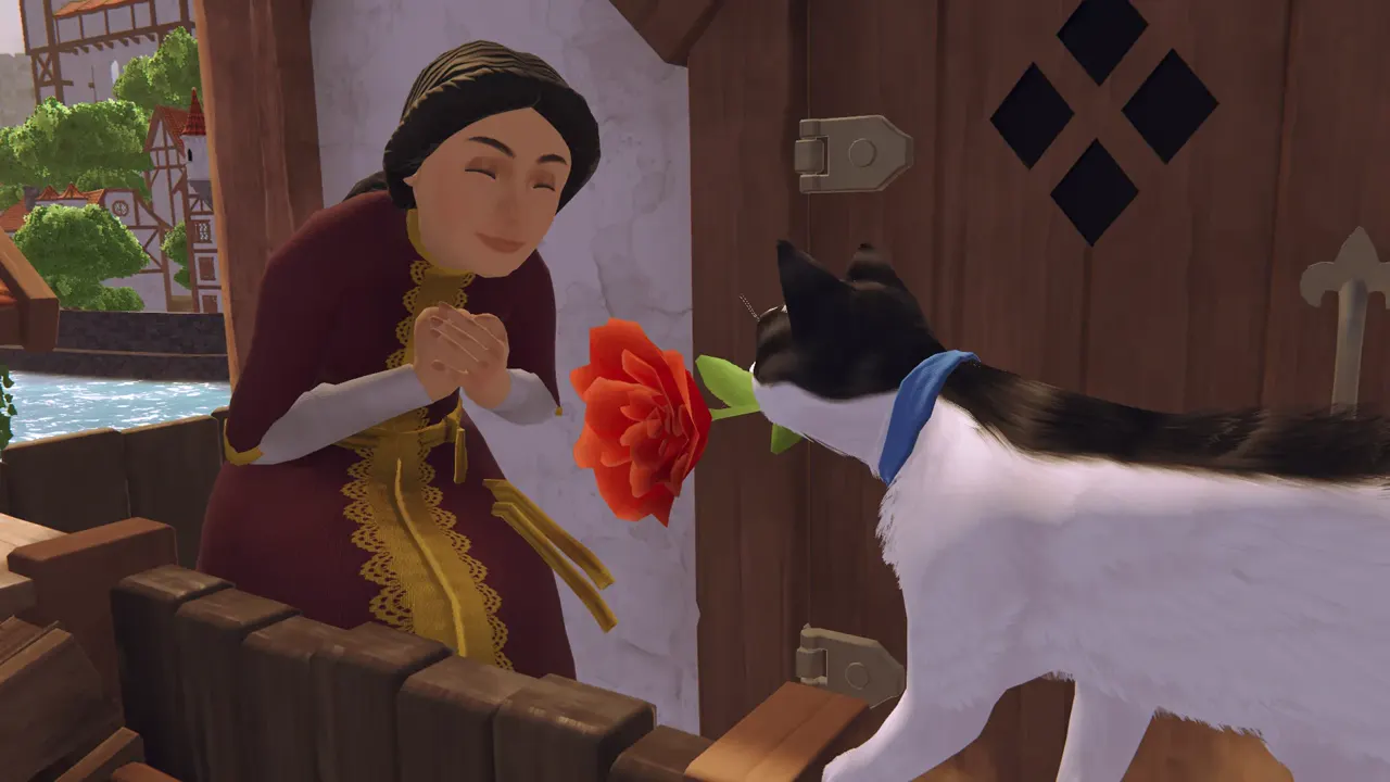 A cat delivering a rose to a villager during a side quest