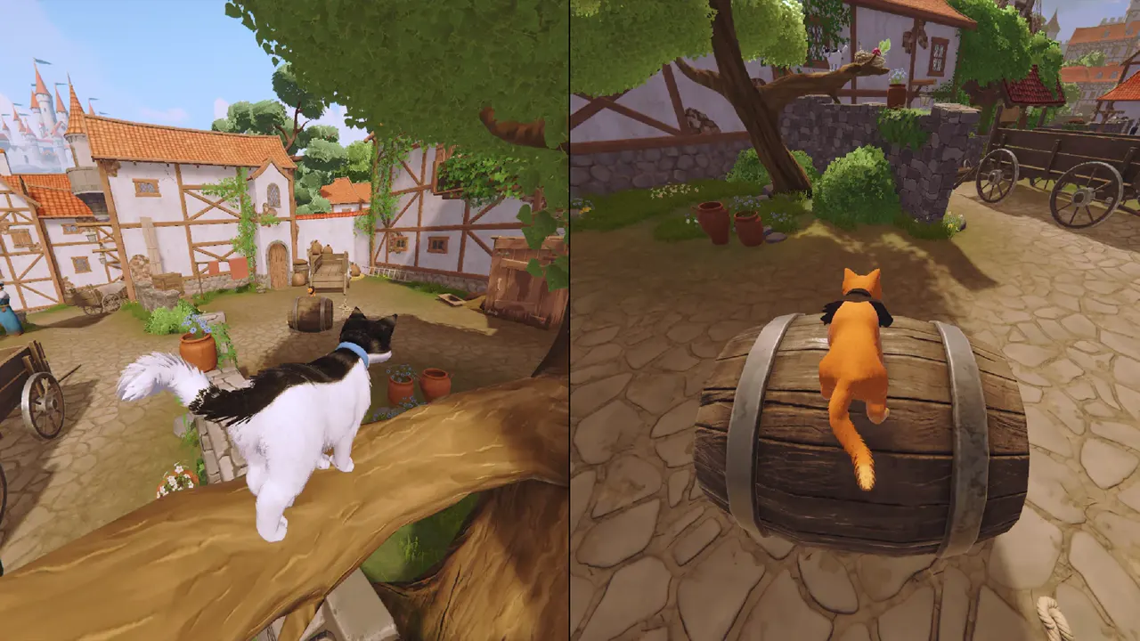 Split-screen co-op traversal with one cat in a tree and the other rolling a barrel