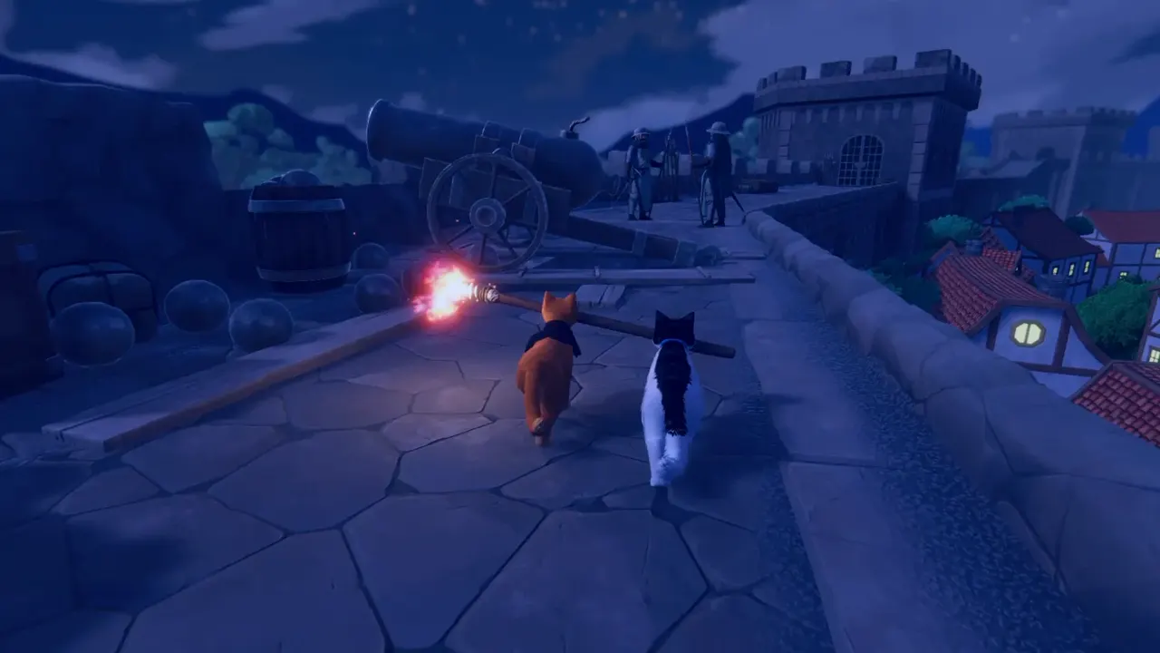 The cats moving together through a dark fortress sequence with cannons
